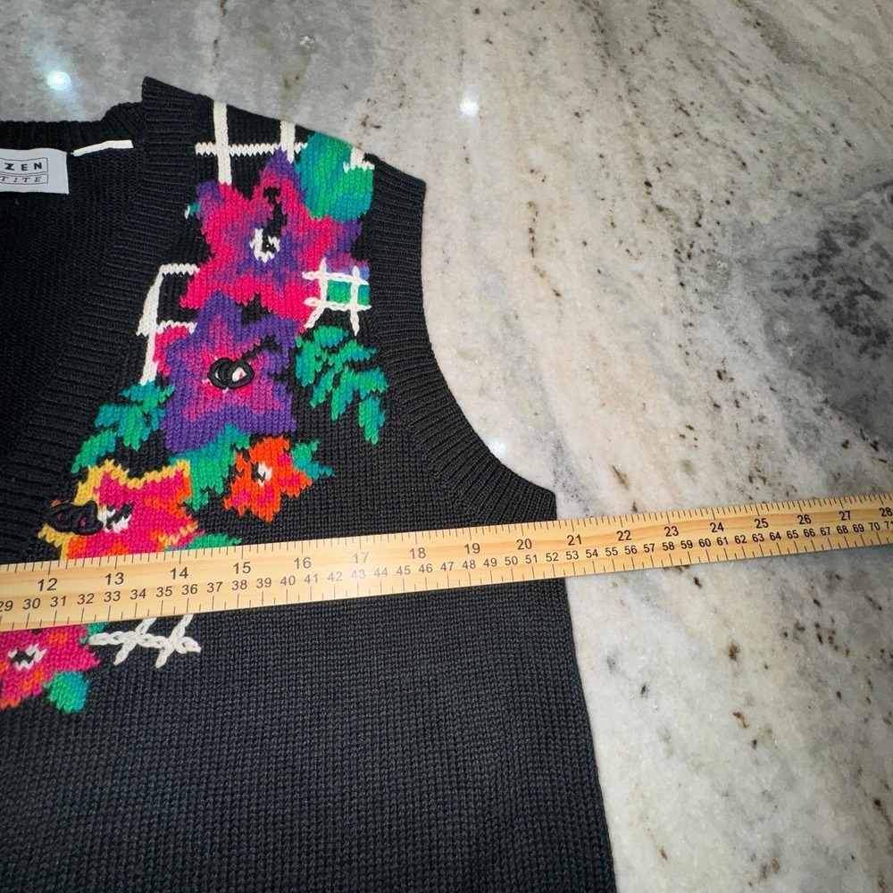 Vintage Jantzen Large Knit Sweater Vest Crochet Embroidered Floral Black - Picture 5 of 8